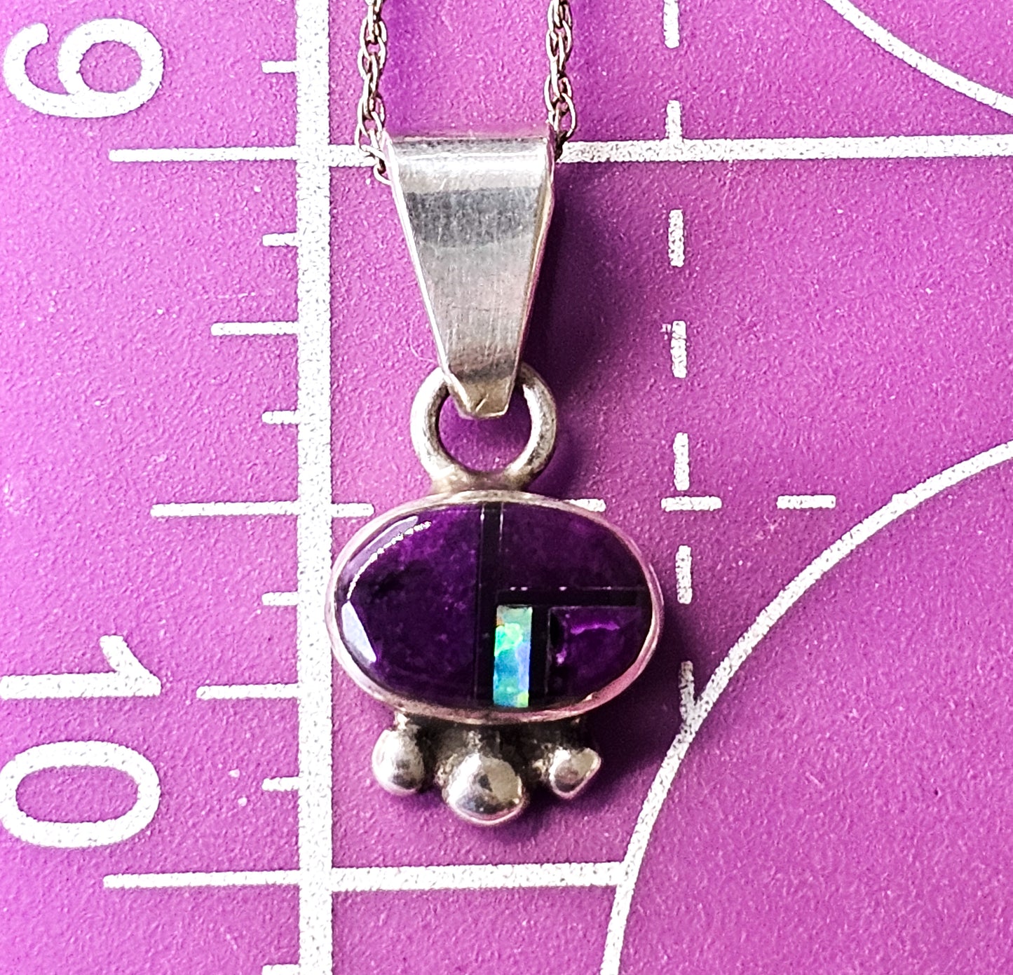 Opal, Onyx and purple Charoite gemstone inlay vintage sterling silver necklace