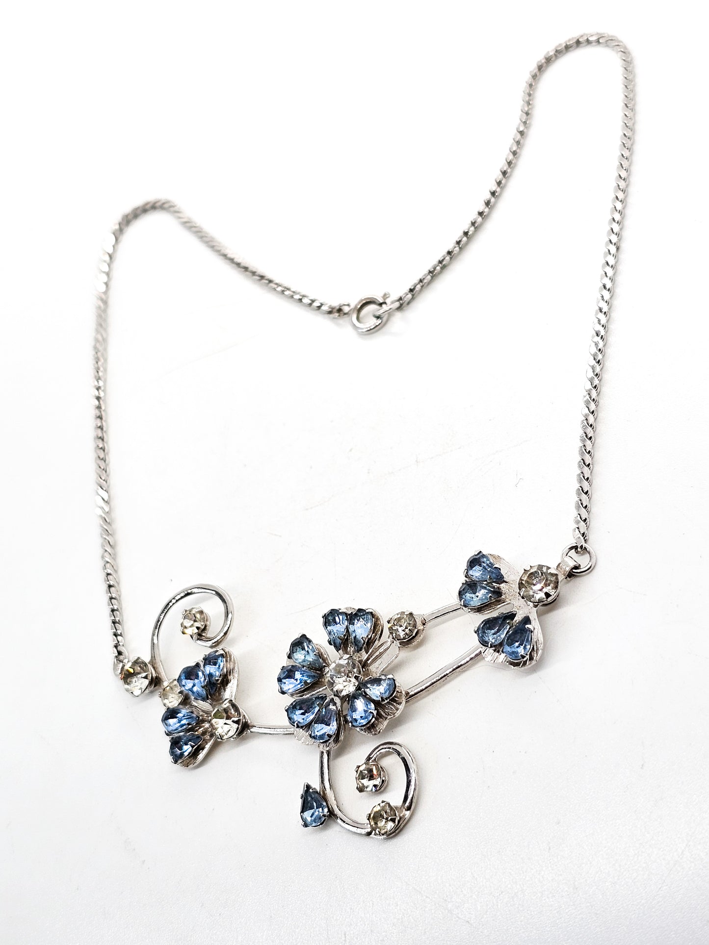 Lucky Clover pear cut blue rhinestone rhodium plated mid century vintage necklace