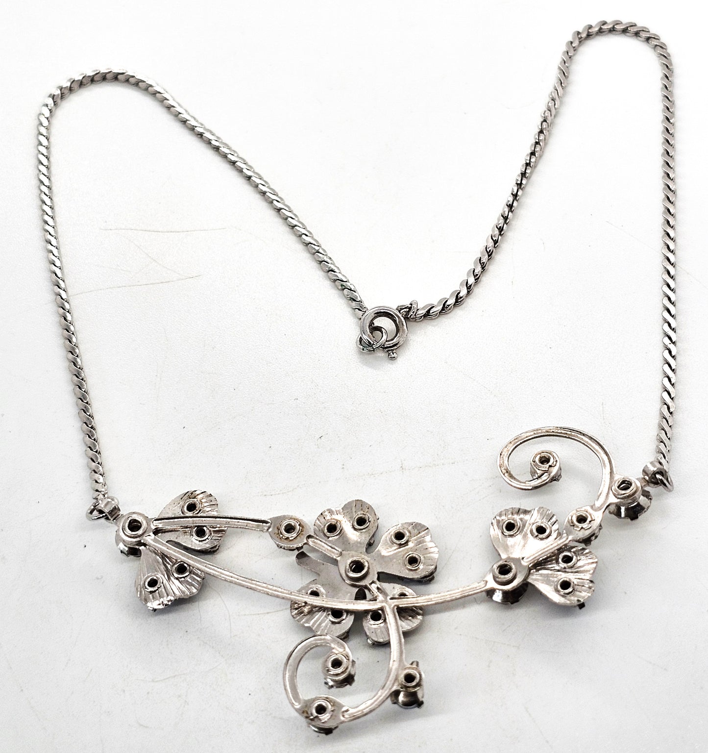 Lucky Clover pear cut blue rhinestone rhodium plated mid century vintage necklace