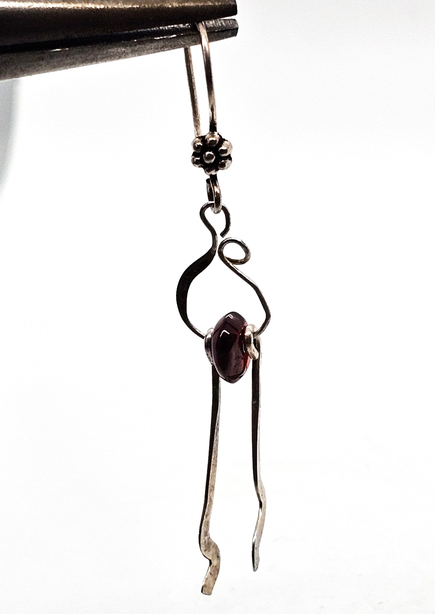 Abstract Artisan Modernist drop red garnet gemstone beaded vintage sterling silver earrings