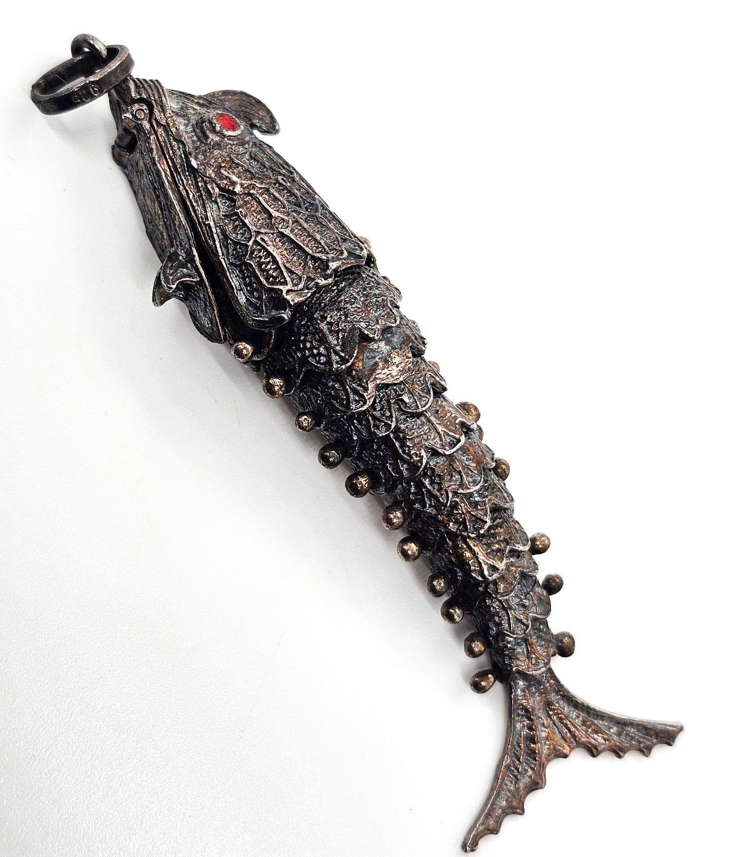 Chinese Export Large articulated open mouth Koi fish vintage sterling silver pendant