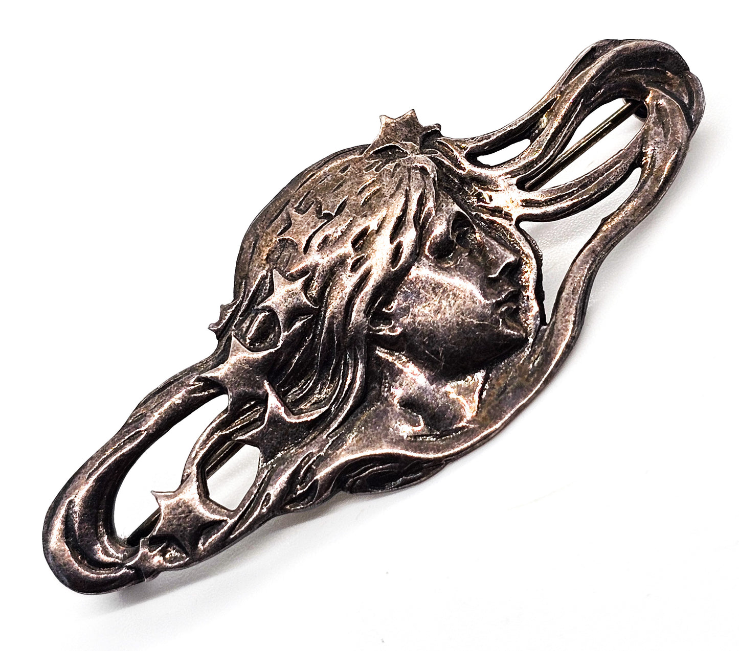 Art Nouveau style Celestial star Nymph woman cameo sterling silver vintage brooch