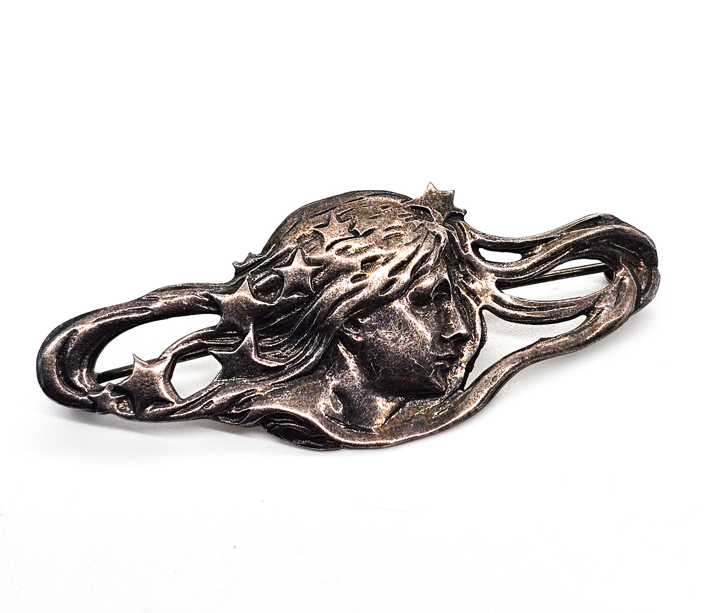 Art Nouveau style Celestial star Nymph woman cameo sterling silver vintage brooch