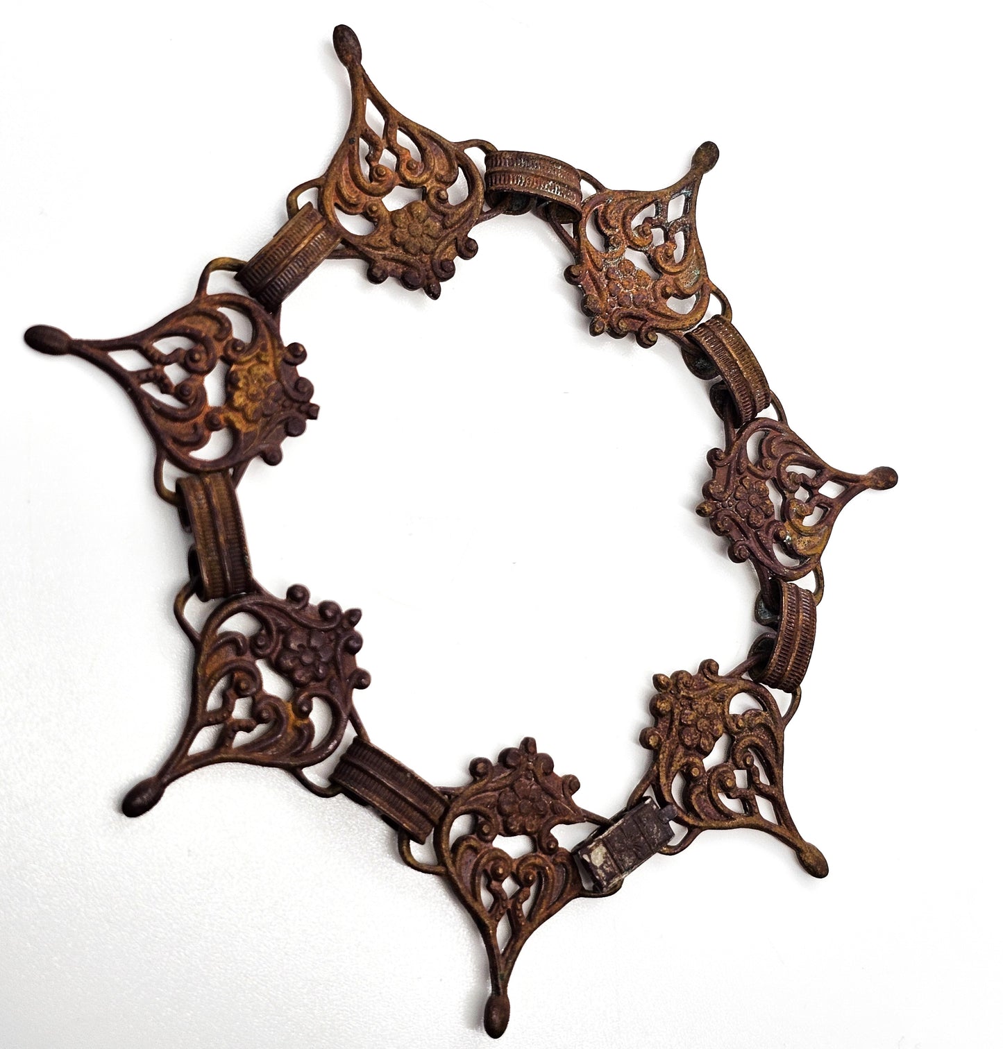 Art Nouveau brass metal flower cartouche antique tennis panel bracelet