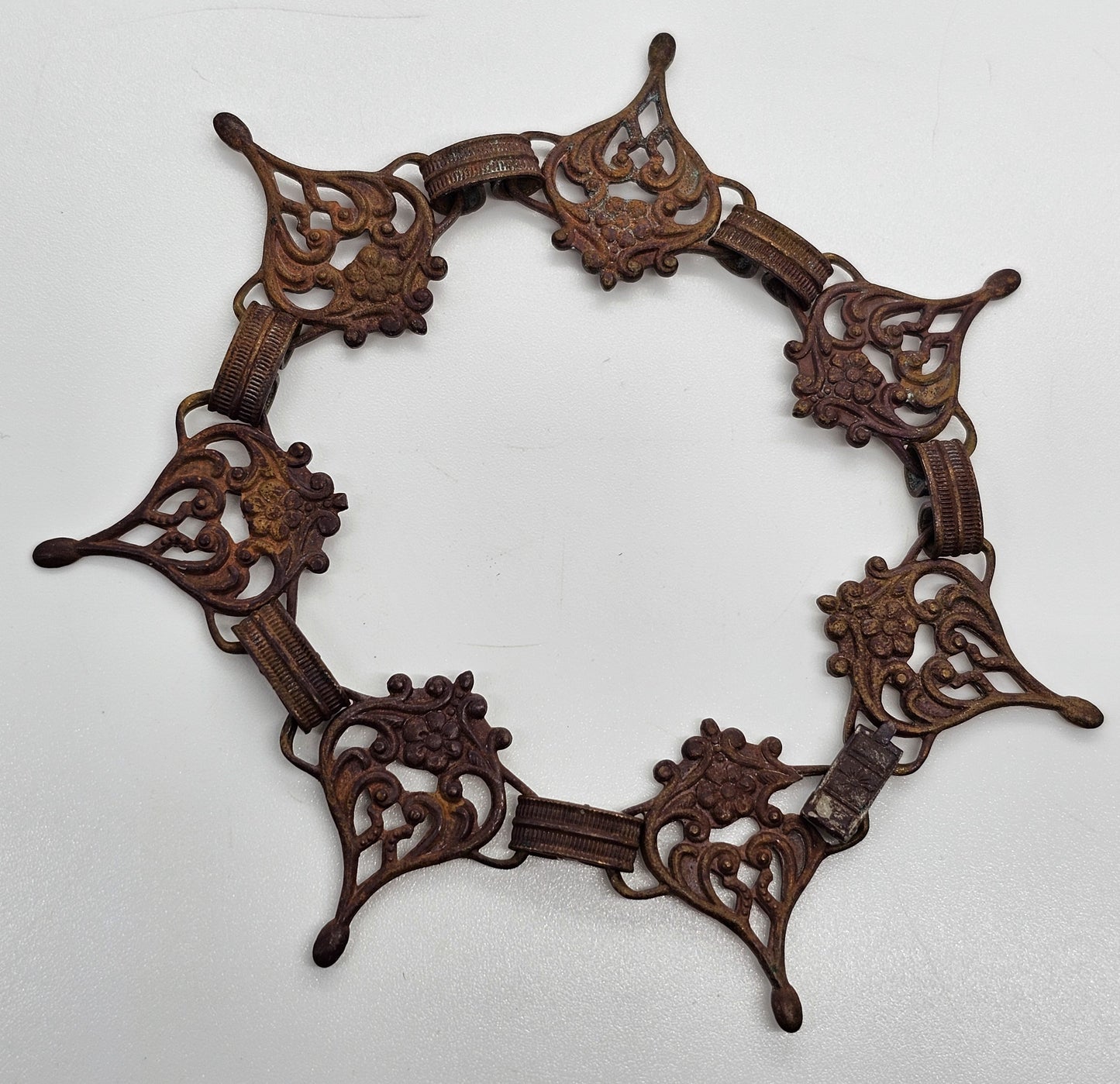 Art Nouveau brass metal flower cartouche antique tennis panel bracelet
