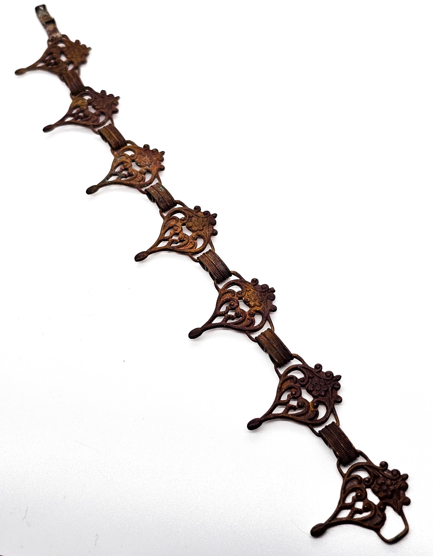 Art Nouveau brass metal flower cartouche antique tennis panel bracelet