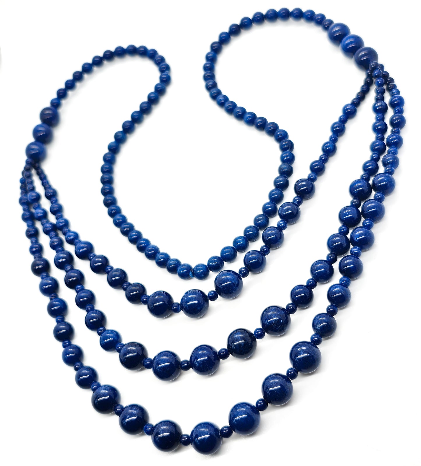 Deep Blue Sodalite triple strand vintage beaded gemstone graduated necklace