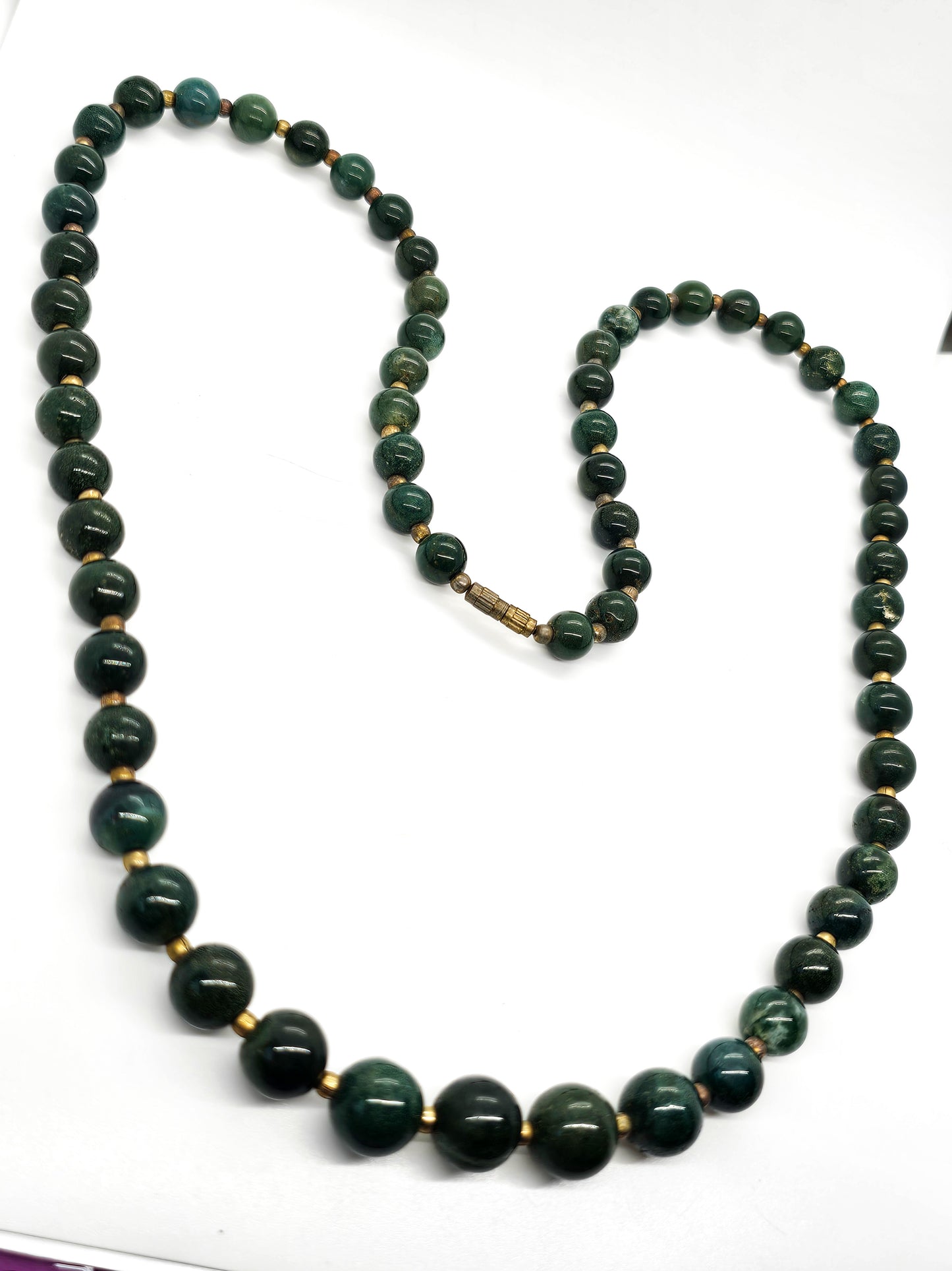 Moss Agate Deep Green graduated long 30" inch vintage beaded necklace