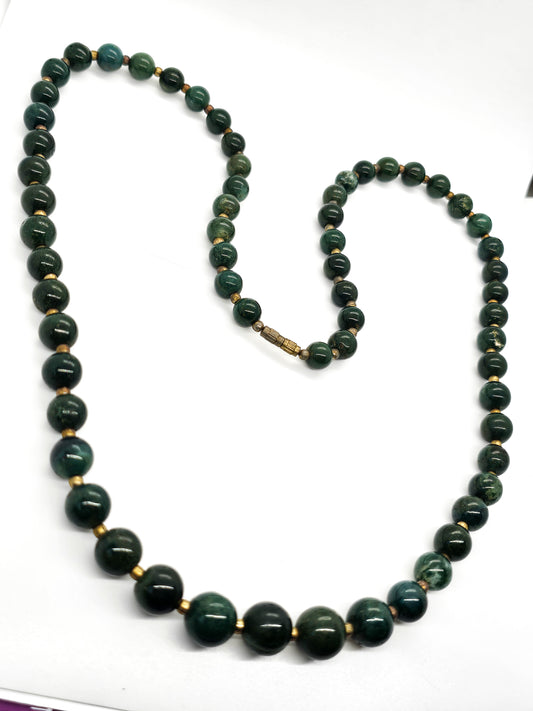 Moss Agate Deep Green graduated long 30" inch vintage beaded necklace