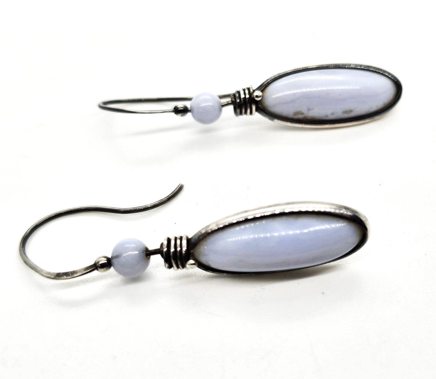 Blue Lace Agate drop wrapped blue gemstone sterling silver drop vintage earrings