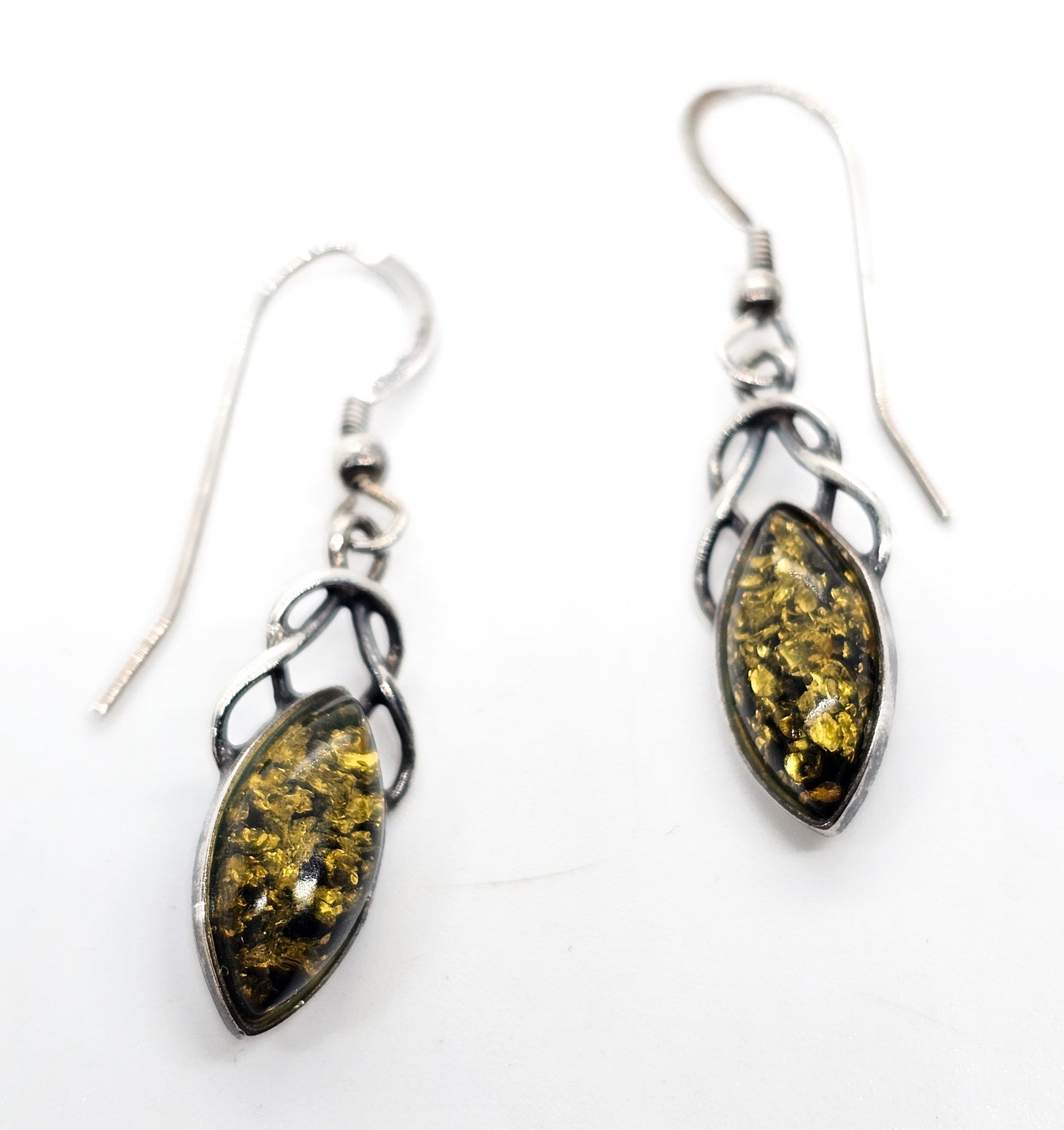 Green amber Celtic knot marquis cut compressed amber sterling silver earrings