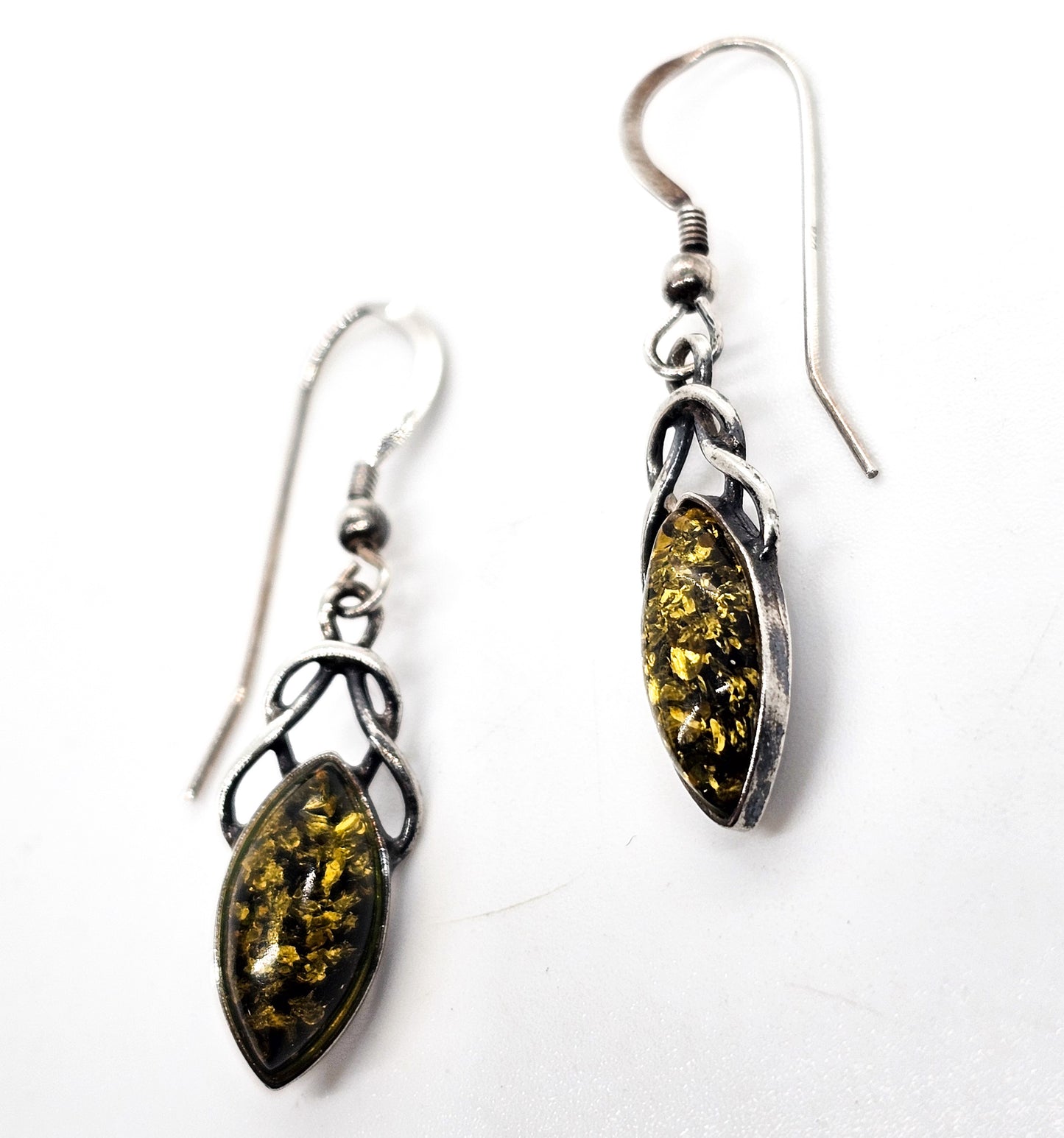 Green amber Celtic knot marquis cut compressed amber sterling silver earrings