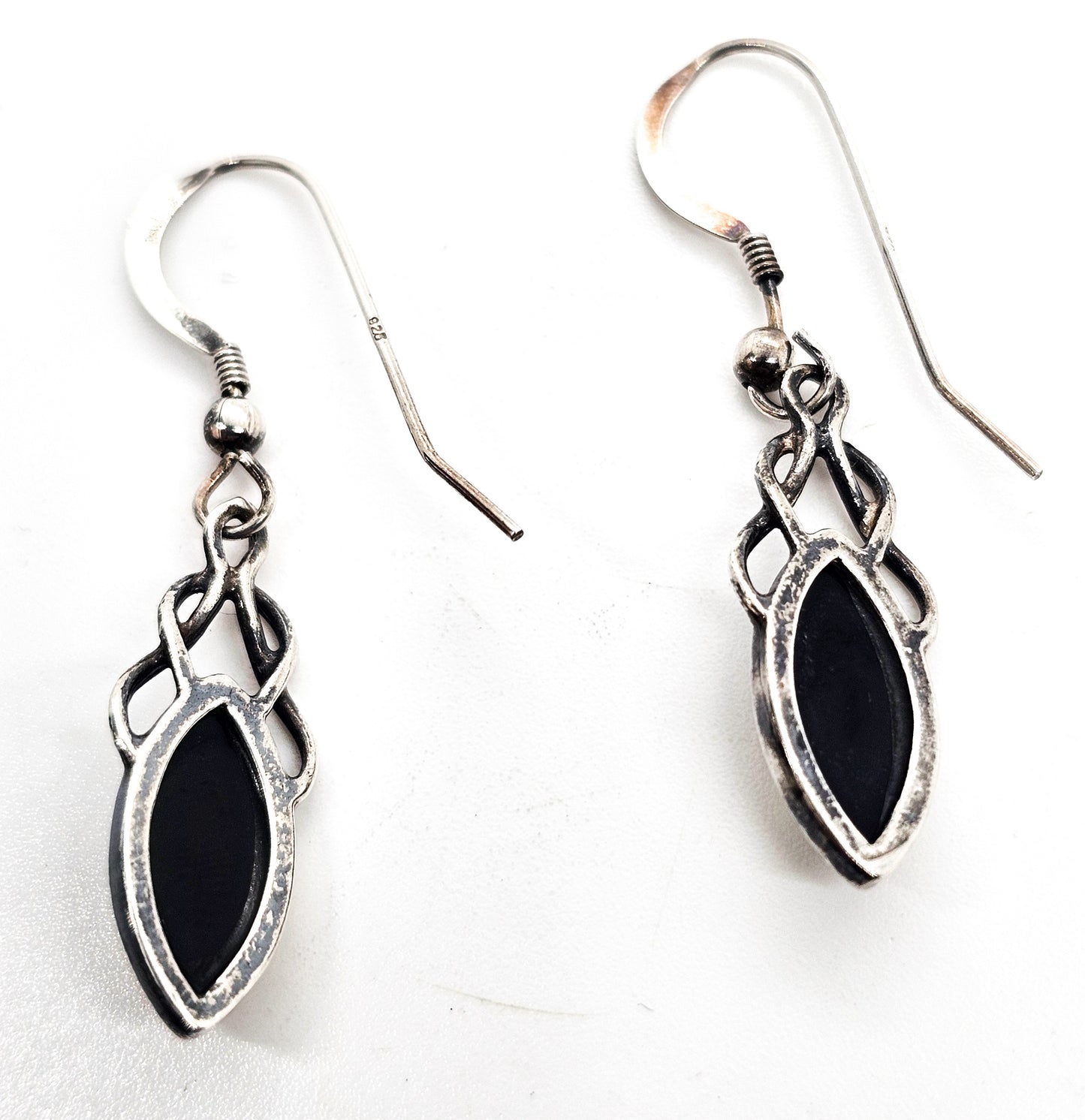 Green amber Celtic knot marquis cut compressed amber sterling silver earrings