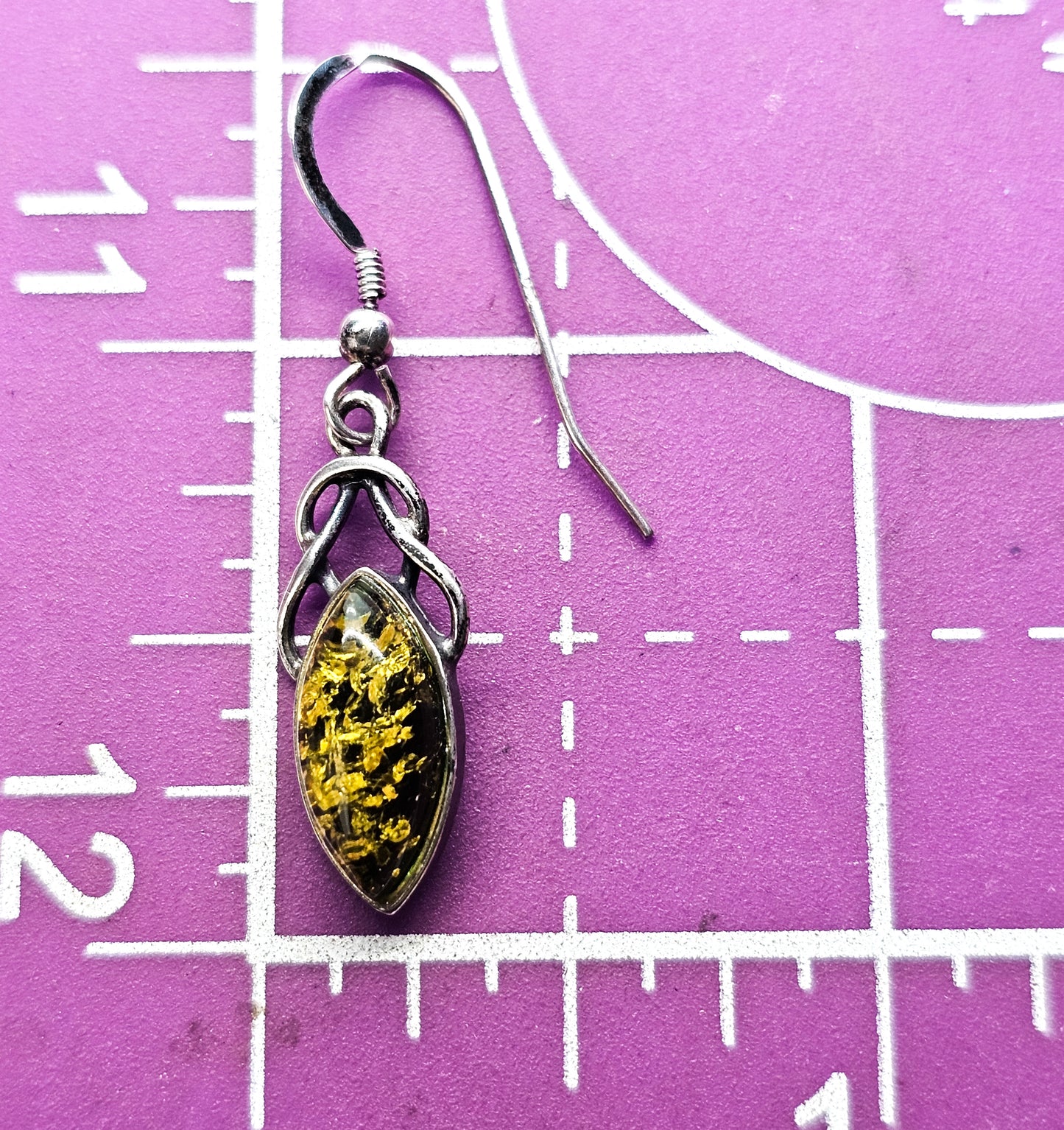 Green amber Celtic knot marquis cut compressed amber sterling silver earrings