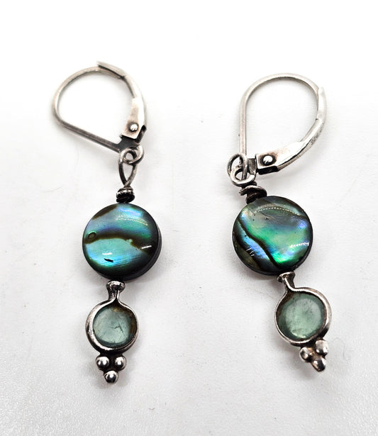 Abalone Paua shell and quartz gemstone sterling silver long drop vintage earrings