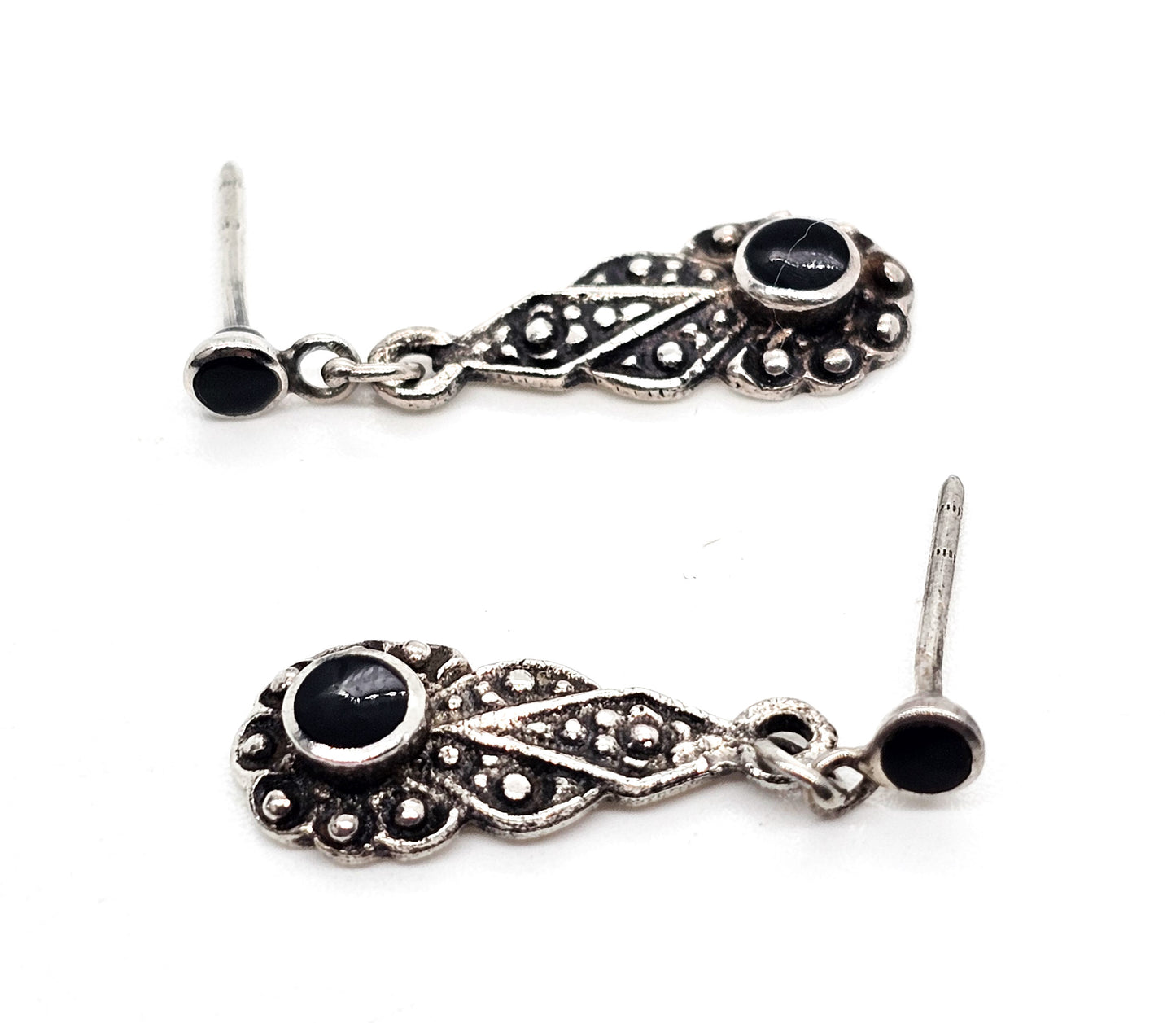 Art Deco Style black onyx inlay flower drop vintage sterling silver dangle earrings