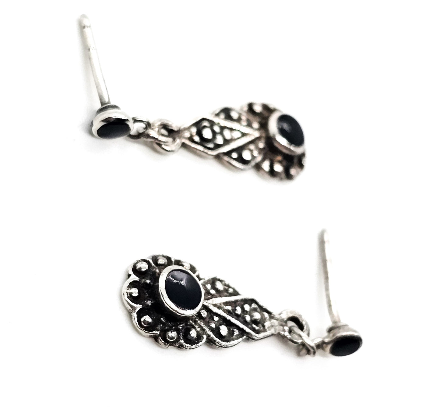 Art Deco Style black onyx inlay flower drop vintage sterling silver dangle earrings