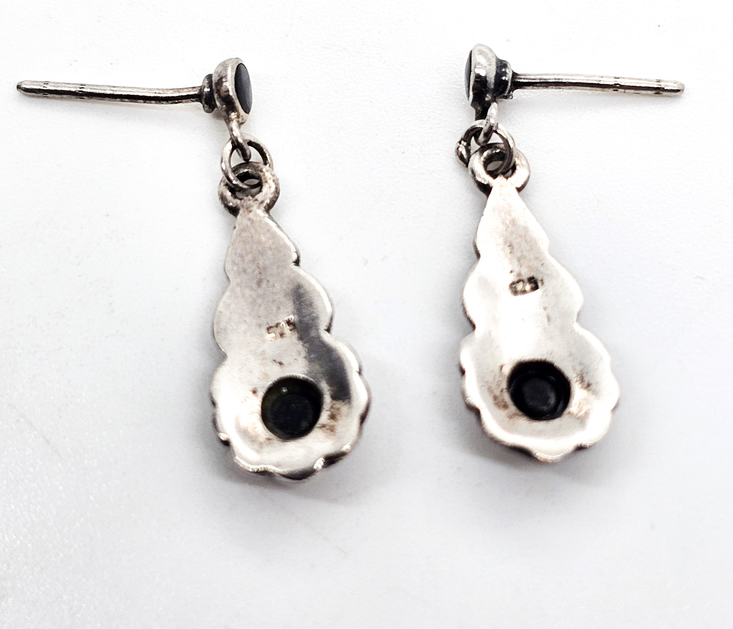 Art Deco Style black onyx inlay flower drop vintage sterling silver dangle earrings