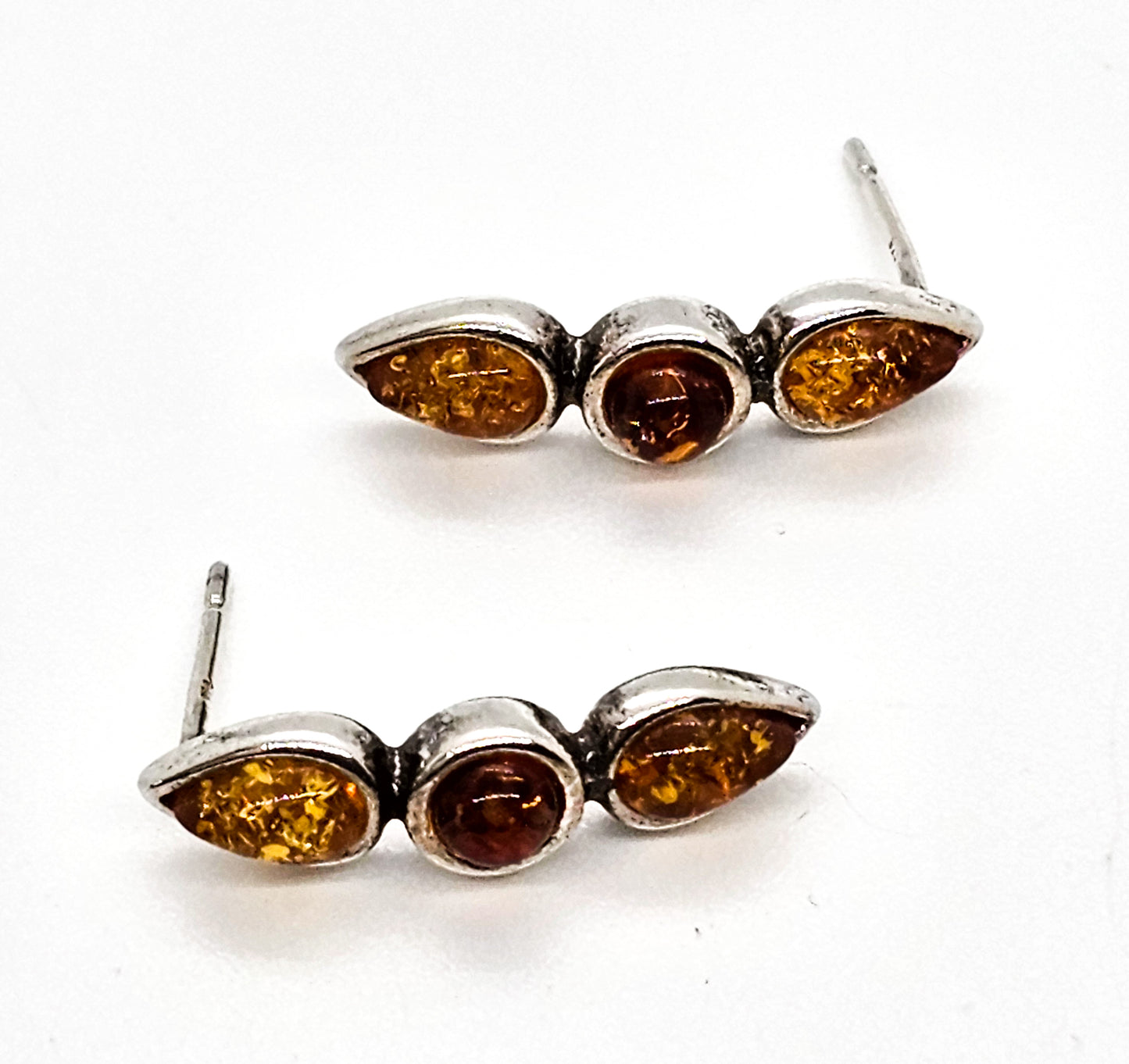 Amber three stone semi hoop sterling silver compressed amber earrings