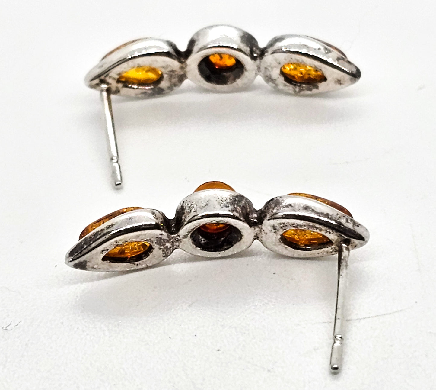 Amber three stone semi hoop sterling silver compressed amber earrings