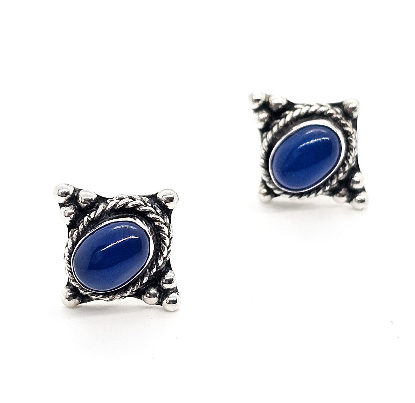 Blue glass tribal Bali Balinese style vintage sterling silver stud earrings