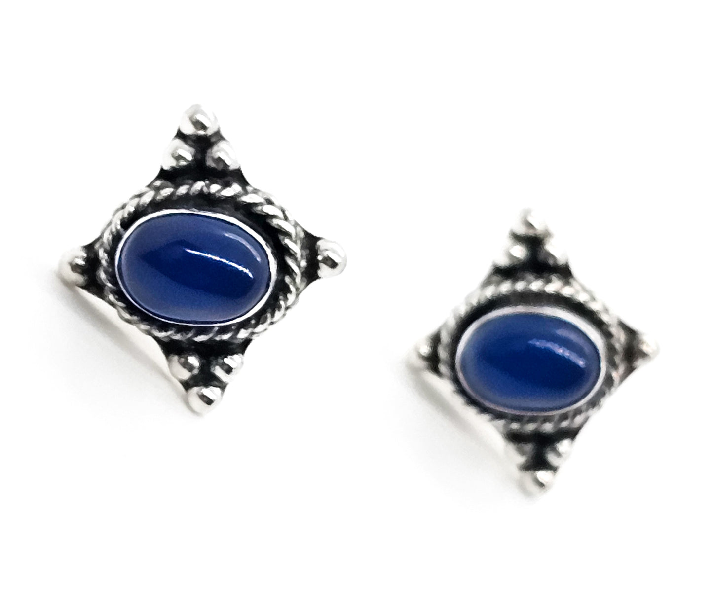 Blue glass tribal Bali Balinese style vintage sterling silver stud earrings
