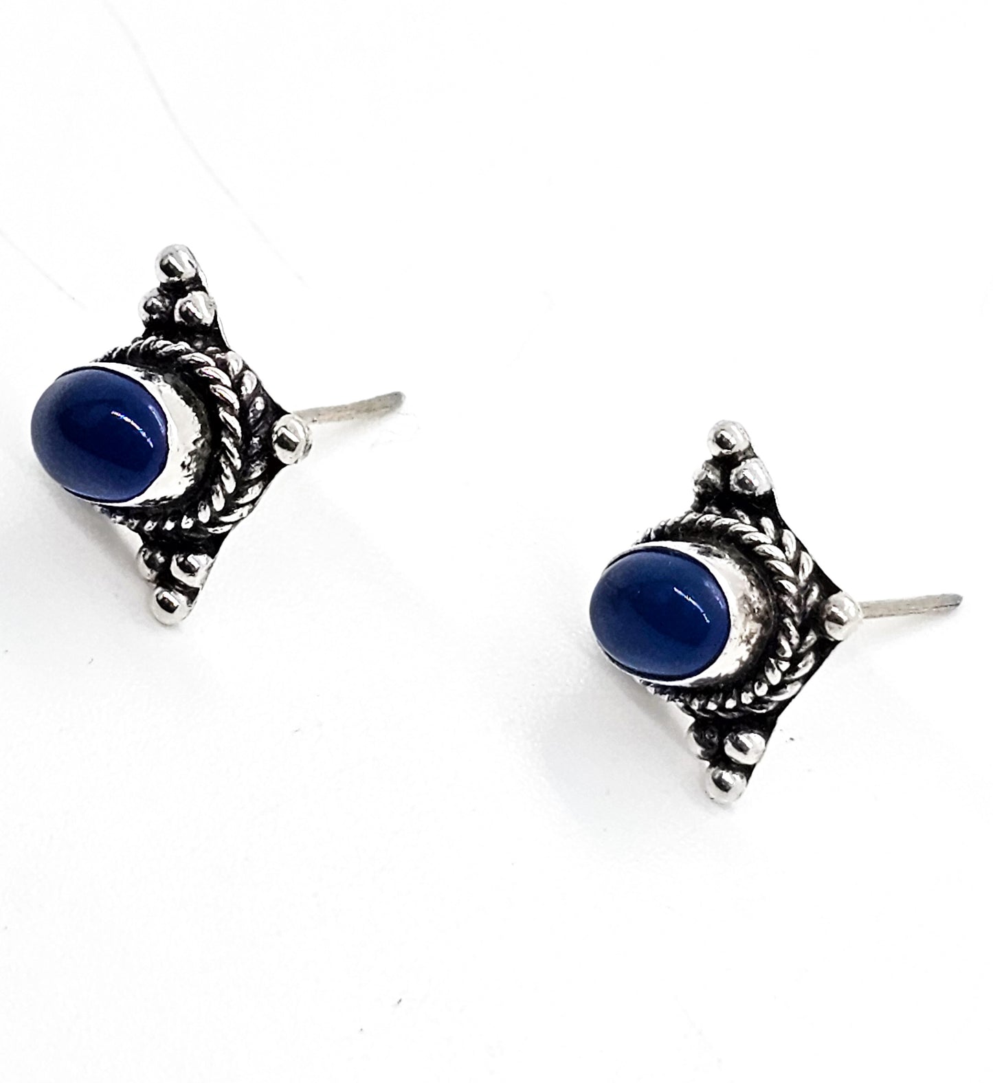 Blue glass tribal Bali Balinese style vintage sterling silver stud earrings