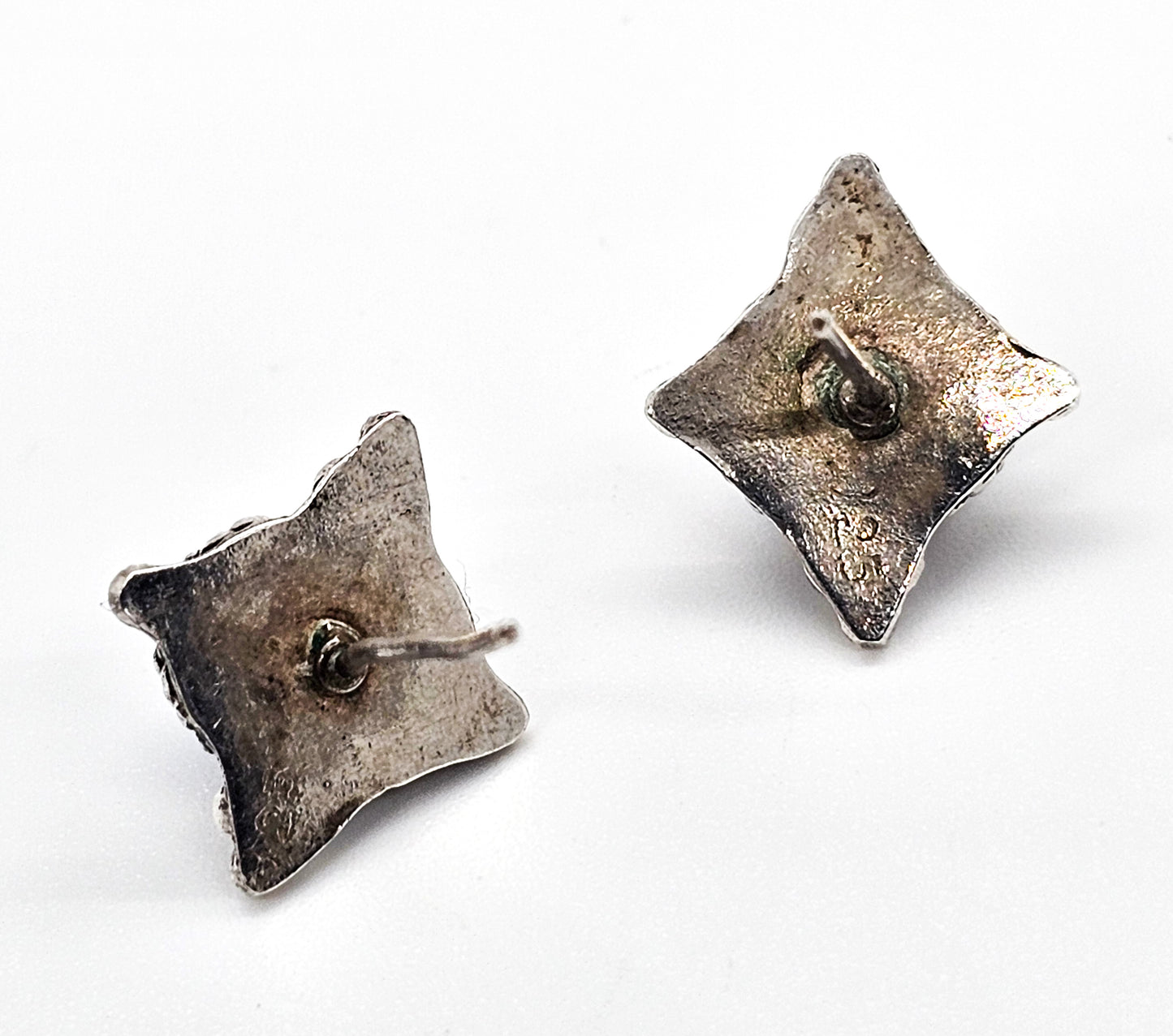 Blue glass tribal Bali Balinese style vintage sterling silver stud earrings