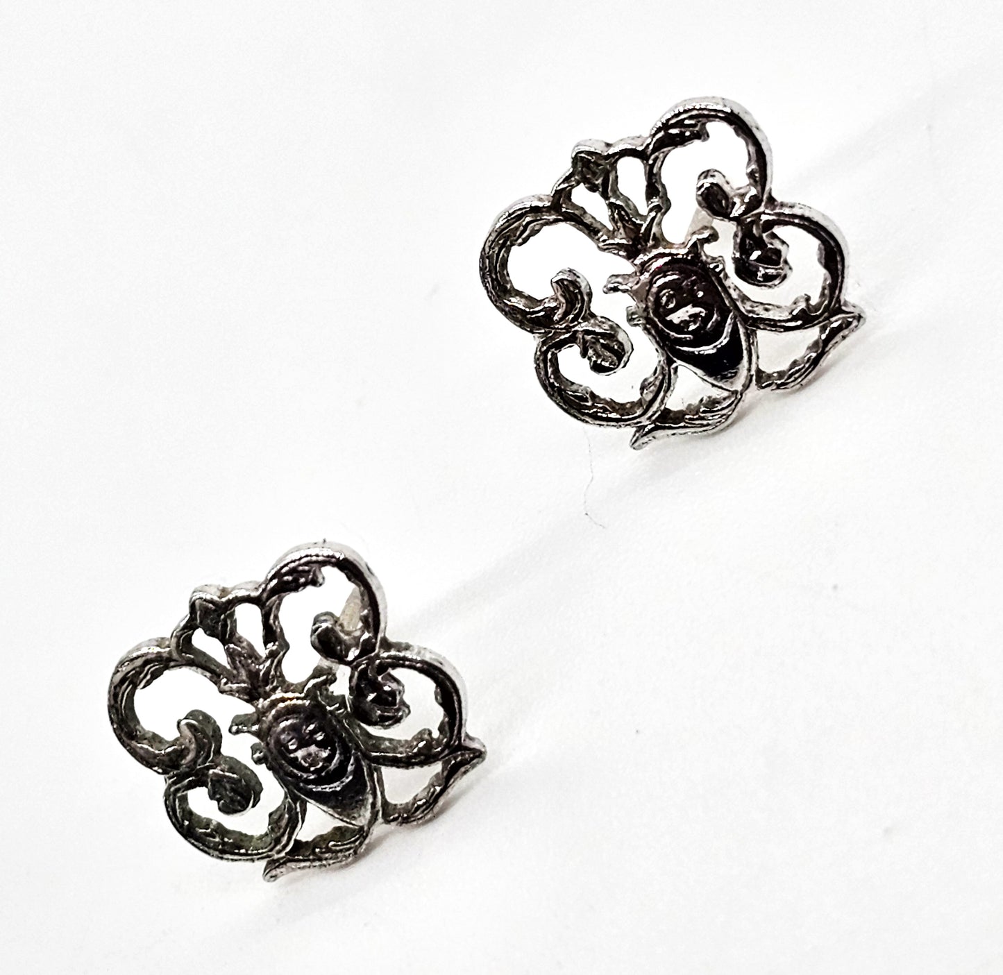 Art Nouveau open work filigree vintage sterling silver stud earrings