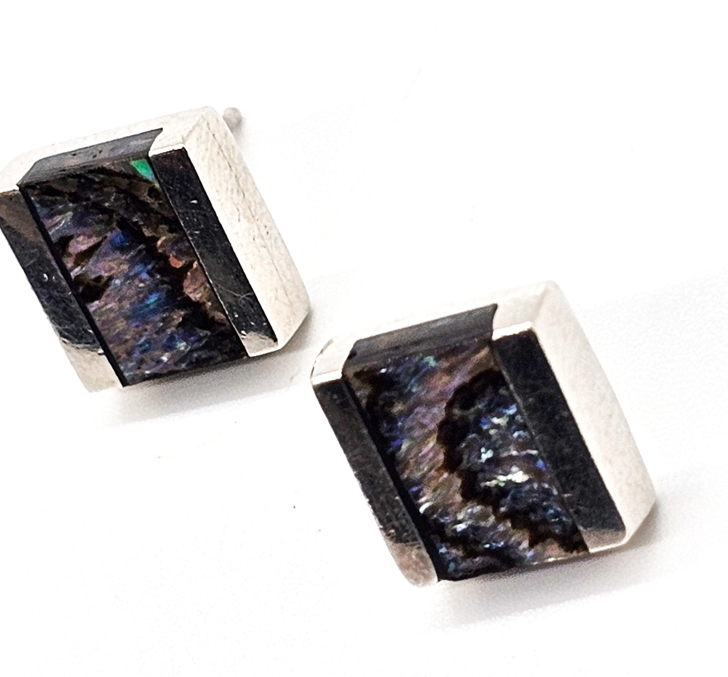 Abalone Paua thick solid sterling silver cube stud earrings