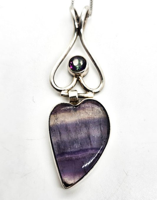 Mystic Topaz banded fluorite open work gemstone sterling silver pendant necklace