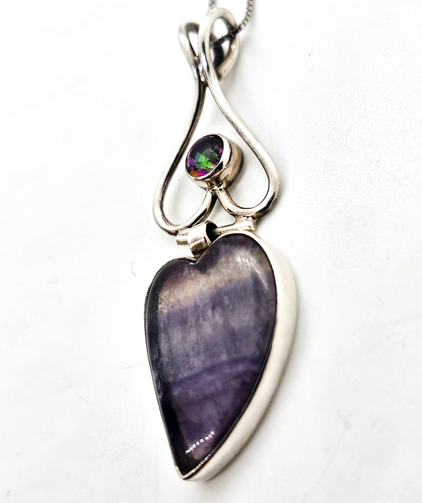 Mystic Topaz banded fluorite open work gemstone sterling silver pendant necklace