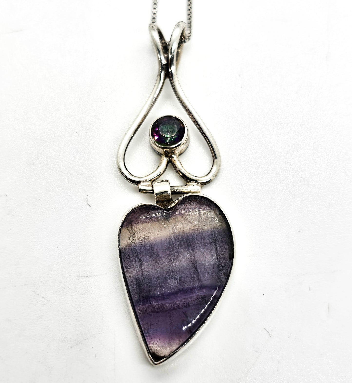 Mystic Topaz banded fluorite open work gemstone sterling silver pendant necklace