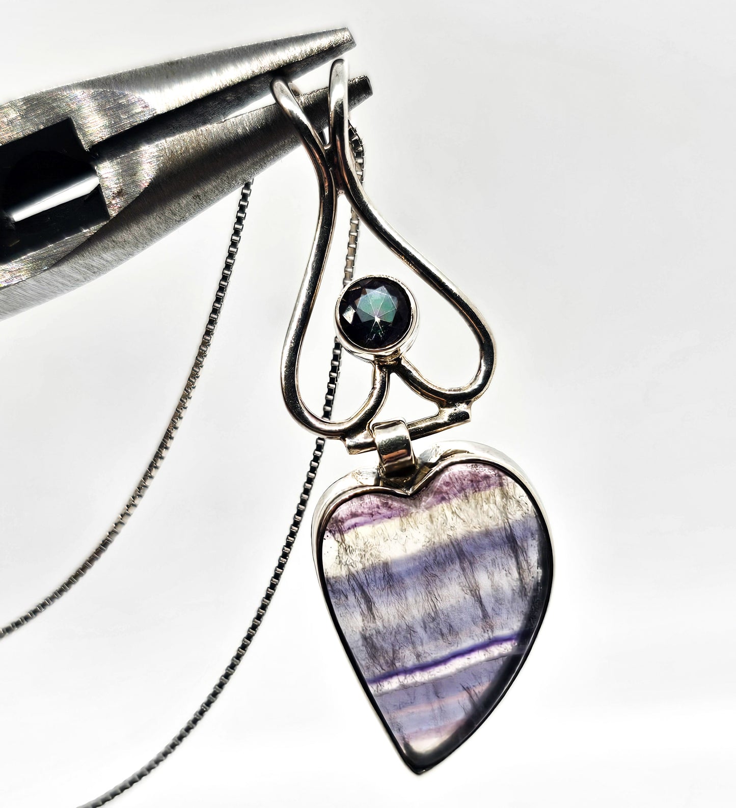 Mystic Topaz banded fluorite open work gemstone sterling silver pendant necklace