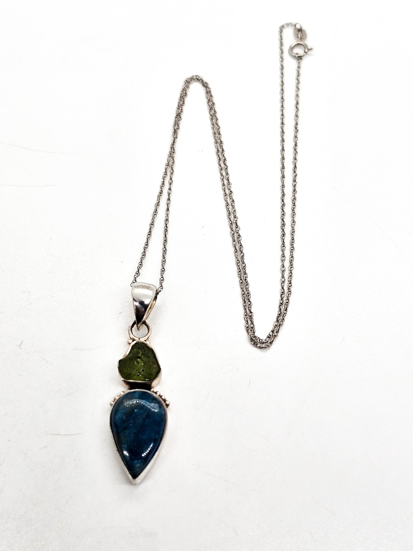 Raw Peridot and Apatite blue and green gemstone sterling silver pendant necklace