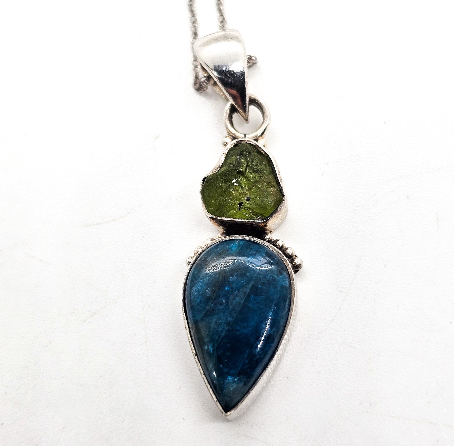 Raw Peridot and Apatite blue and green gemstone sterling silver pendant necklace