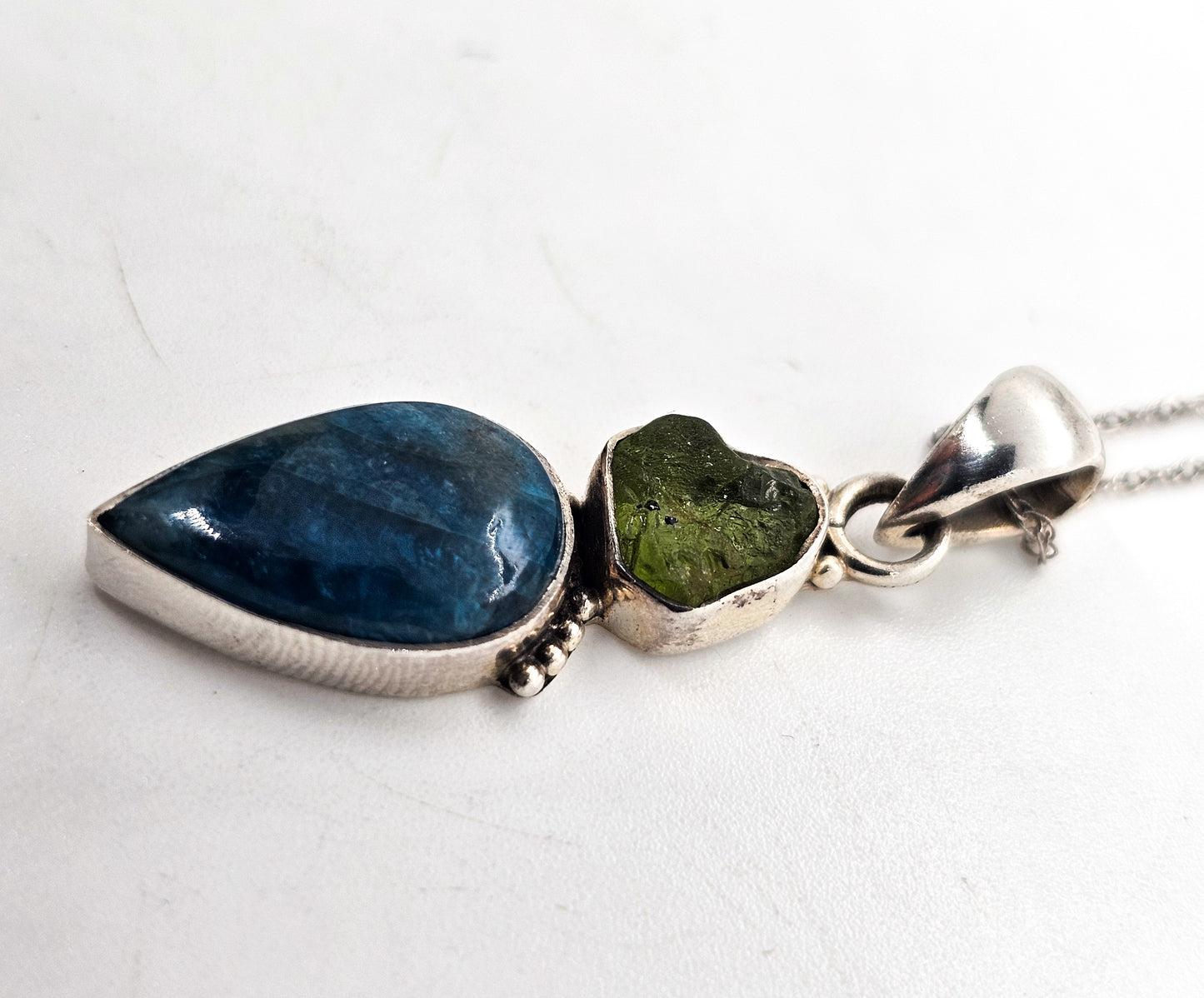 Raw Peridot and Apatite blue and green gemstone sterling silver pendant necklace