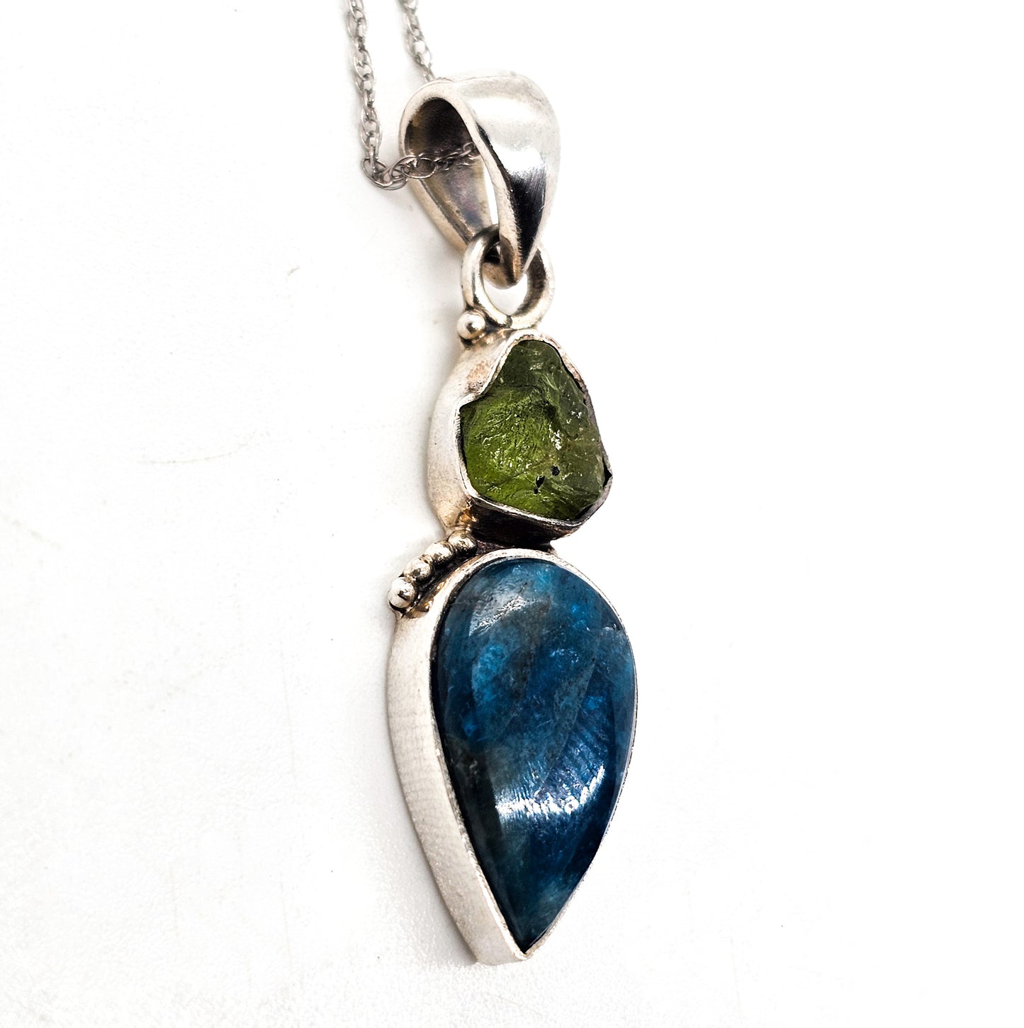 Raw Peridot and Apatite blue and green gemstone sterling silver pendant necklace