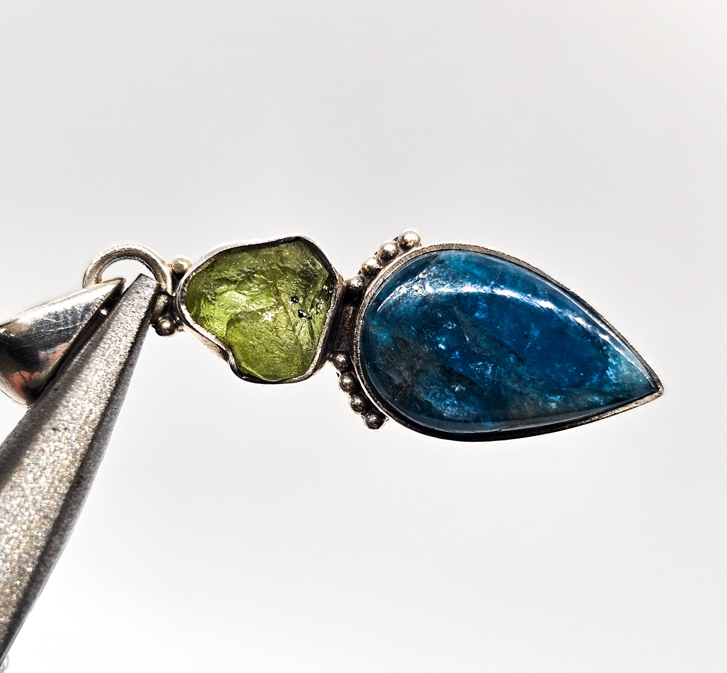 Raw Peridot and Apatite blue and green gemstone sterling silver pendant necklace