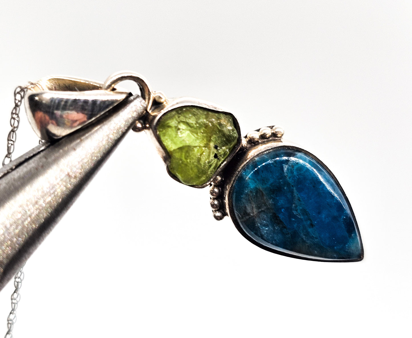 Raw Peridot and Apatite blue and green gemstone sterling silver pendant necklace