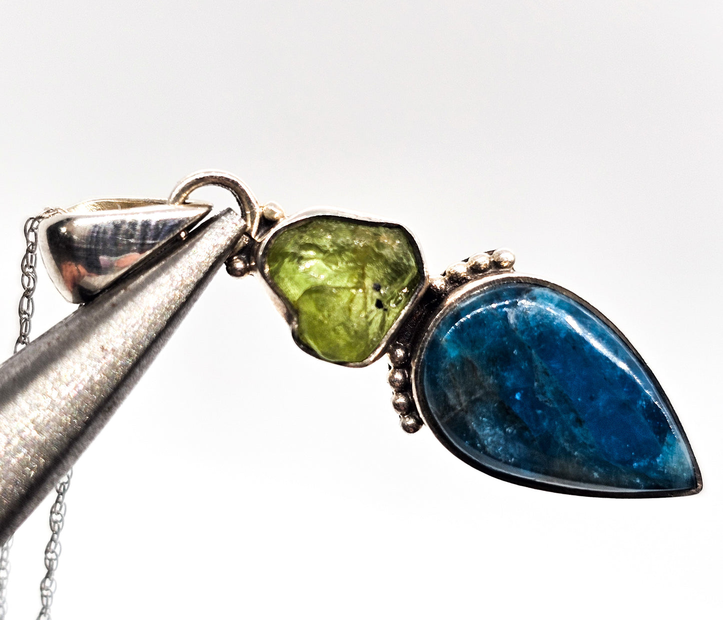 Raw Peridot and Apatite blue and green gemstone sterling silver pendant necklace