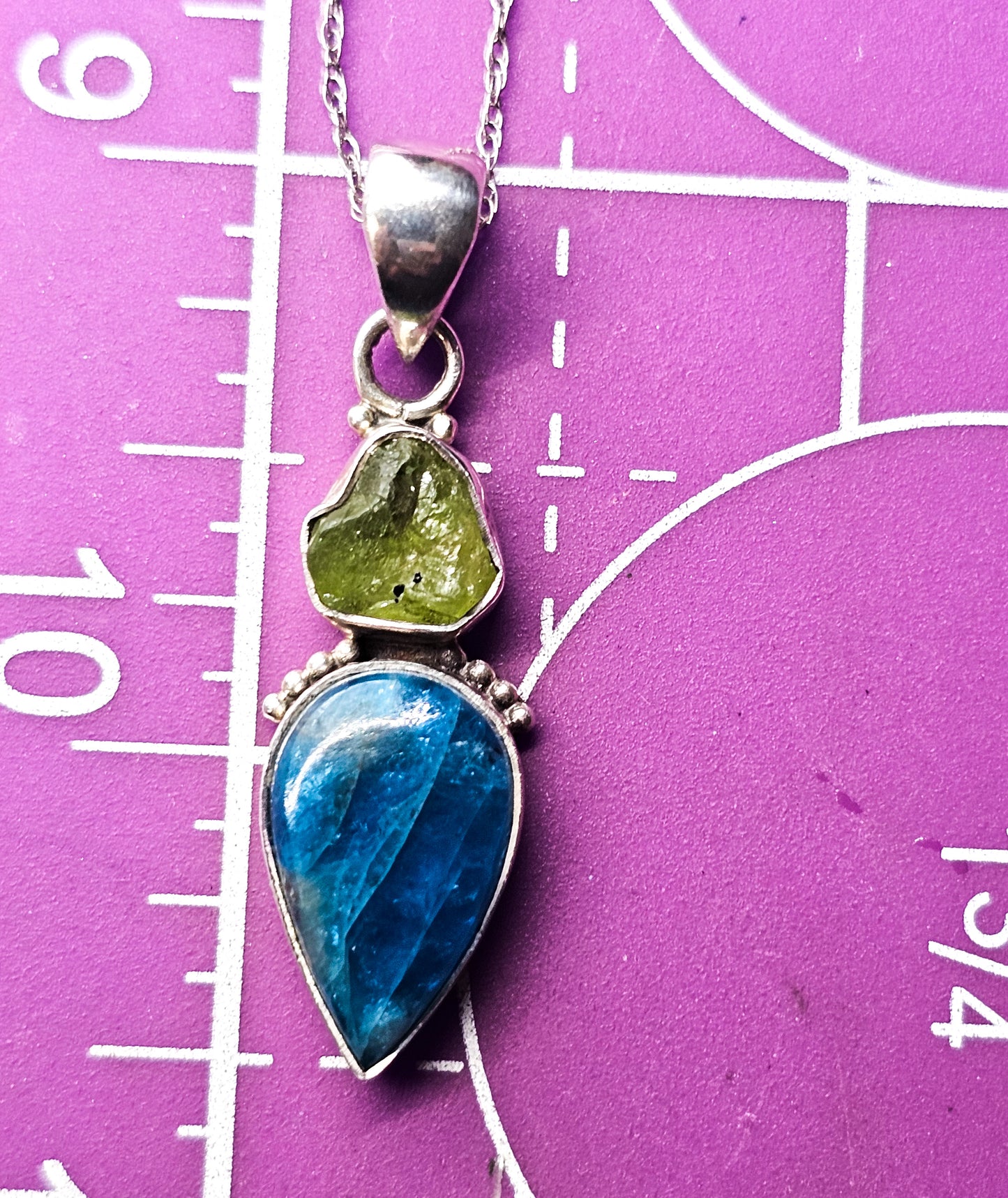 Raw Peridot and Apatite blue and green gemstone sterling silver pendant necklace