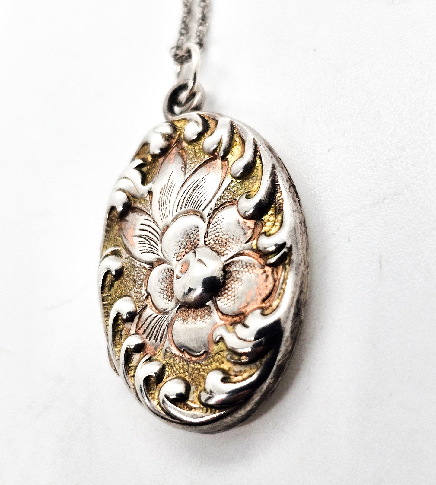 Bliss Brothers Co blooming flower gold over sterling silver antique locket necklace w/photos