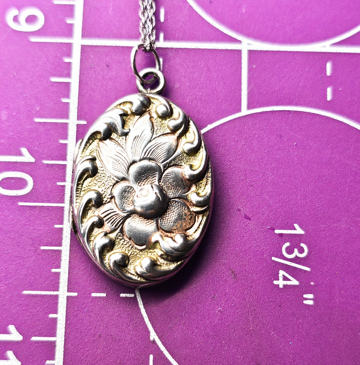 Bliss Brothers Co blooming flower gold over sterling silver antique locket necklace w/photos