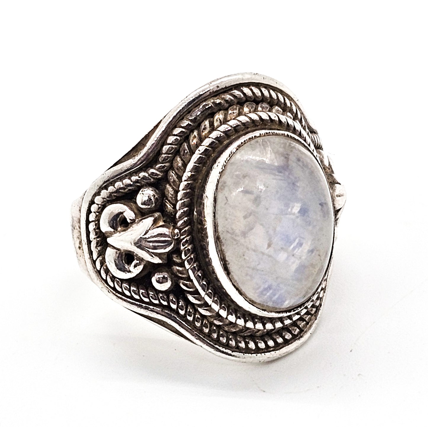 Blue Moonstone large Bali Balinese solid sterling silver vintage ring size 7 and 1/2
