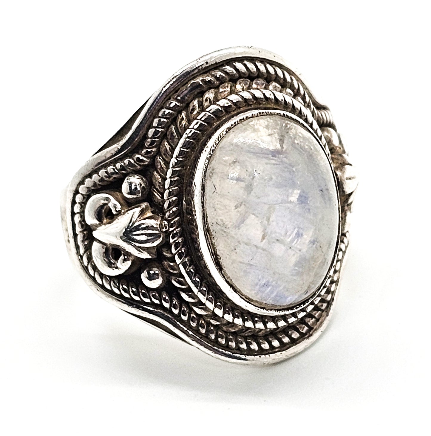Blue Moonstone large Bali Balinese solid sterling silver vintage ring size 7 and 1/2