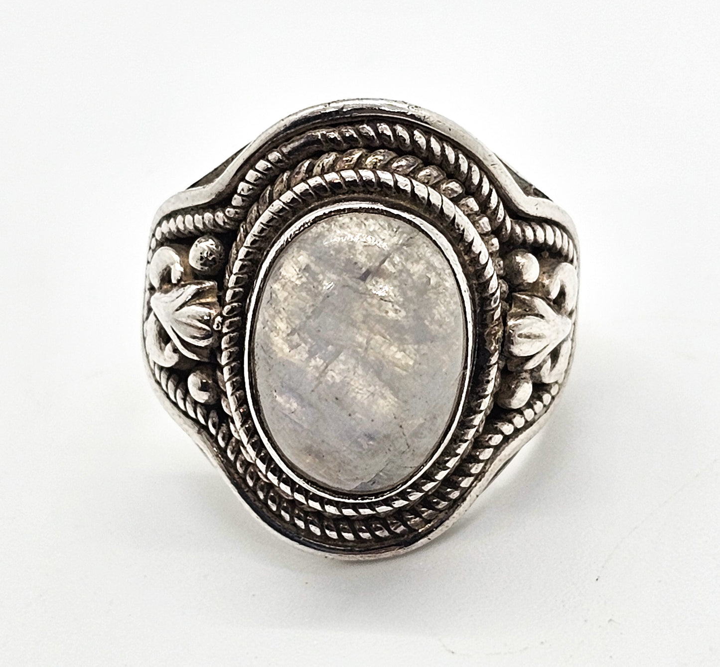 Blue Moonstone large Bali Balinese solid sterling silver vintage ring size 7 and 1/2