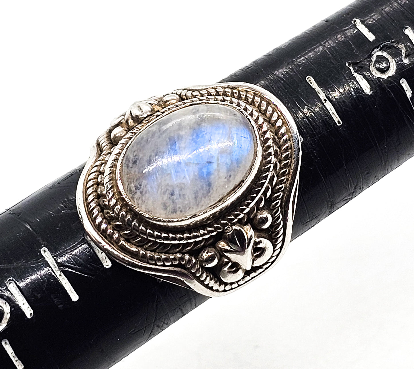 Blue Moonstone large Bali Balinese solid sterling silver vintage ring size 7 and 1/2