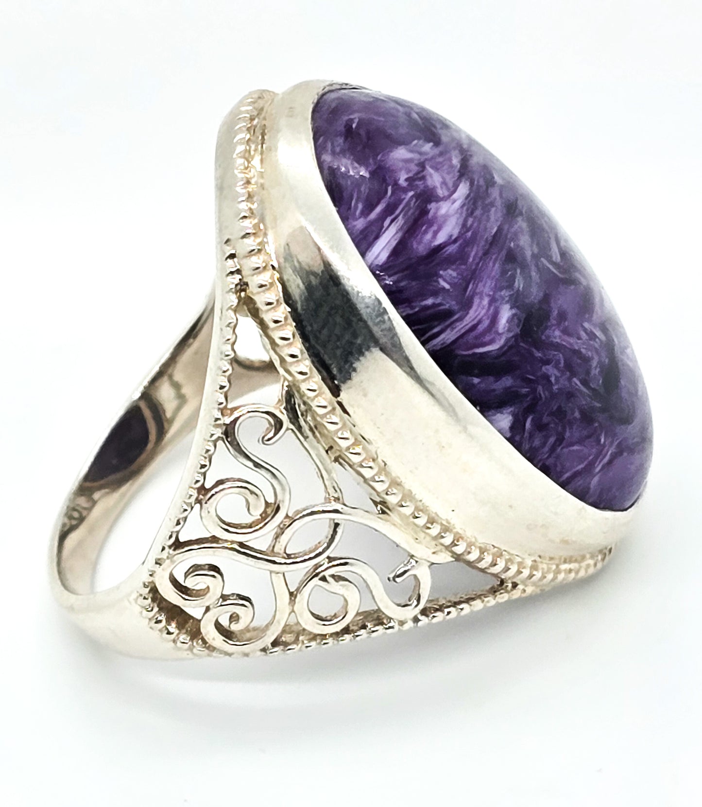 Charoite PTI large purple gemstone heart filigree sterling silver ring size 11