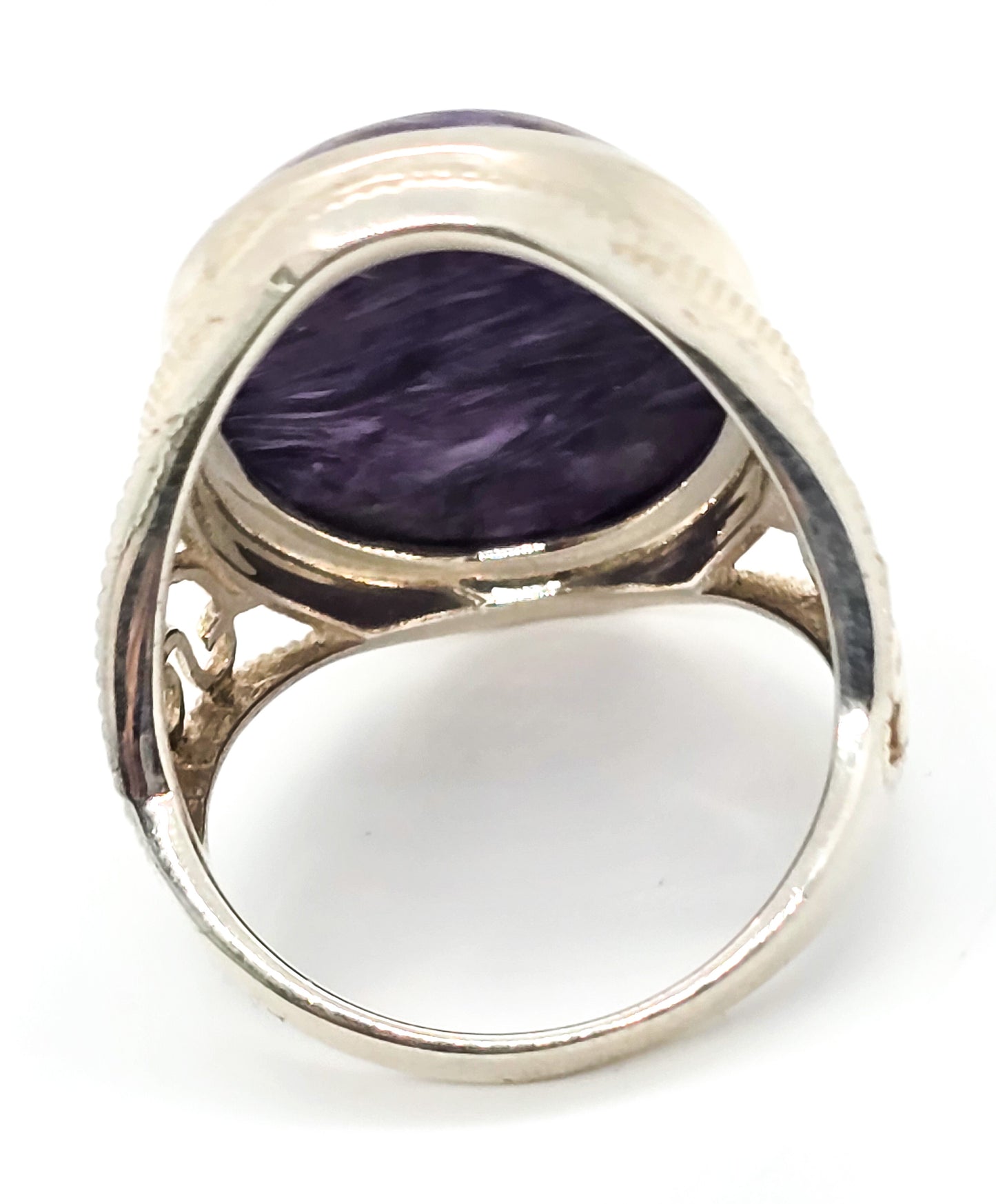 Charoite PTI large purple gemstone heart filigree sterling silver ring size 11